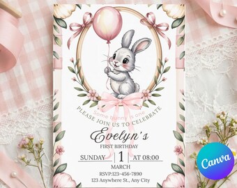 Pink Bow Rabbit First Birthday Invitation Template |Editable Bunny Party Invitation |Floral Bow Theme Invite |Bunny First Birthday Invite