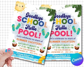 Goodbye School Hello Pool Party Invitation: Editable Summer Invite (Canva Template)