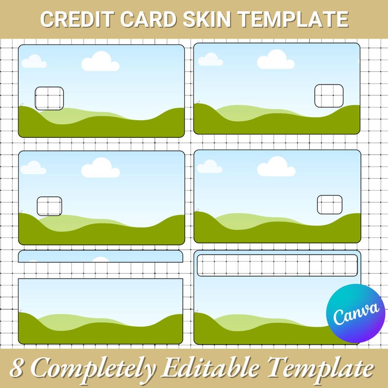 Peut inclure: Mod&egrave;le de skin de carte de cr&eacute;dit avec un paysage de ciel bleu, nuages blancs et collines vertes. L'image comprend le texte "CREDIT CARD SKIN TEMPLATE" et "8 Completely Editable Template". Un logo Canva est &eacute;galement pr&eacute;sent.