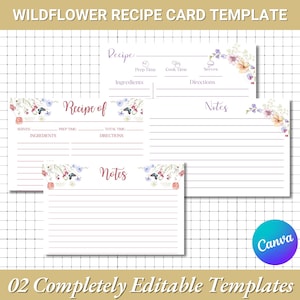 de carte de recette de fleurs sauvages sur toile | Modèle de carte de recette modifiable | Modèle de livre de recettes simple et épuré | de carte de recette florale | Bricolage