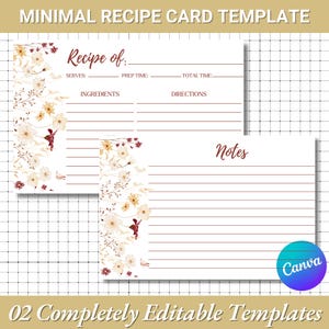 Editable Minimal Recipe Card Canva Template | Simple Recipe Card Template |Minimalist Recipe Card|Printable Recipe Cookbook |DIY Recipe Card