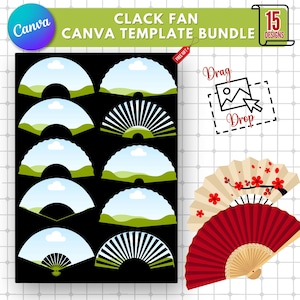 Może przedstawiać: Zestaw 15 drukowanych szablonów Canva do tworzenia wachlarzy. Szablony zawierają różne wzory, w tym zielony krajobraz z chmurami, czarno-biały wachlarz w paski oraz czerwony i biały wachlarz z kwiatami wiśni. Obraz zawiera tekst "Przeciągnij i upuść".