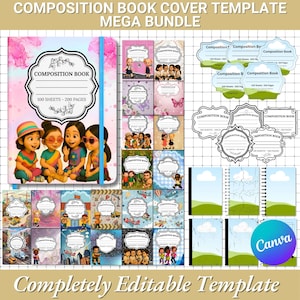 May include: A mega bundle of composition book cover templates. The covers feature various designs, including illustrations of children, floral patterns, and scenic landscapes. The text on the covers reads "Composition Book" and "100 Sheets - 200 Pages."
