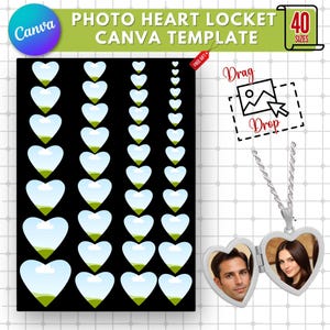 May include: A silver heart-shaped locket on a chain, displaying two photographs when open. The image also features a Canva template with heart-shaped frames, a drag-and-drop graphic, and the text "PHOTO HEART LOCKET CANVA TEMPLATE".