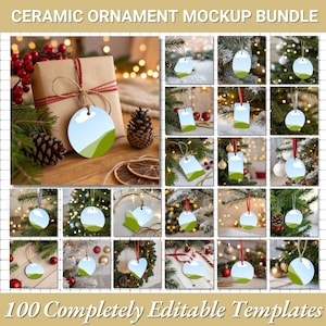 May include: A mockup bundle of ceramic ornaments in various shapes, including circles, ovals, and tags. Each ornament features a landscape design with a blue sky and green hills. The ornaments are displayed on Christmas trees and gift boxes.