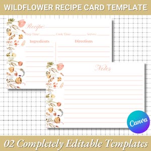 de carte de recette de fleurs sauvages sur toile | Modèle de carte de recette modifiable | Modèle de livre de recettes simple et épuré | de carte de recette florale | Bricolage