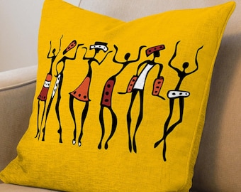 African People Dancing Printed Pillow, Yellow Pillow Sham, Abstract Printed Pillow, African Dancers Pillow Cover, Printed Fabric,