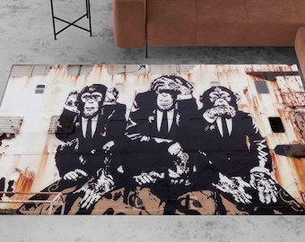 Graffiti Rug, Area Rug, Round Rug, Man Cave Decor Rug, Housewarming Gift, Banksy Three Wise Monkeys Rug, Banksy Monkeys Rug, Banksy Rug,