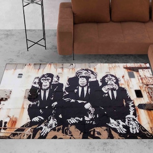 Graffiti Rug, Area Rug, Round Rug, Man Cave Decor Rug, Housewarming Gift, Banksy Three Wise Monkeys Rug, Banksy Monkeys Rug, Banksy Rug,