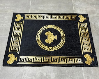 Greek Pattern Rug, Gold Rugs, Geometric Pattern Rugs, Modern Rugs, Home Decor Rug, Black Rug, Step Rug, 3D Printeds Rug, Office Decor Rug,