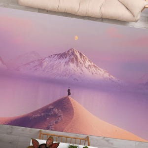 Purple Mountain Landscape Rug, Tranquil Desert Moon Scene Carpet, Minimalist Art Inspired Floor Mat for Calm & Peaceful Home Decor