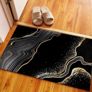 Black Gold Marble Rug, Abstract Modern Rug, Luxury Black Area Rug, Non Slip Entry Rug, Glam Hallway Runner, Elegant Office Rug
