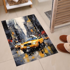 Stedelijk tapijt gele taxi, op NYC street art geïnspireerd tapijt, moderne abstracte stadsvloermat voor woonkamer- of kantoorinrichting