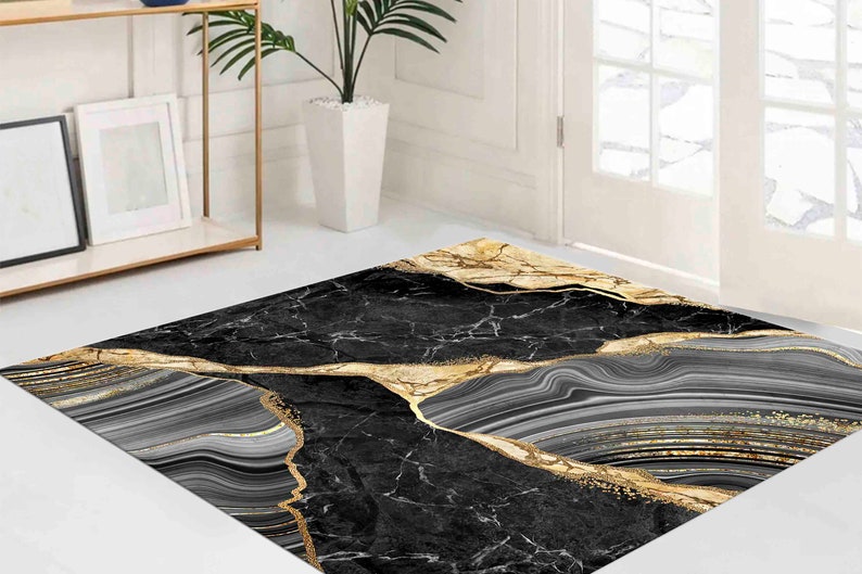 Black and Gold Marble Rug, Vlack Marble Rug, Gold Marble Rug, Modern