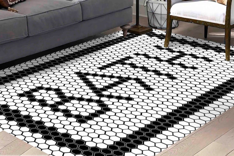 Black and White Chenille Rug: Modern Bathroom Decor image 3