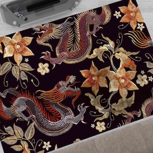 Chinese Dragon Rug, Japanese Pattern Rug, Flowers Dragons Rug, Myth Dragon Rug, Asian Dragon Pattern Rugs, Dragon Rug, Modern Soft Rugs,