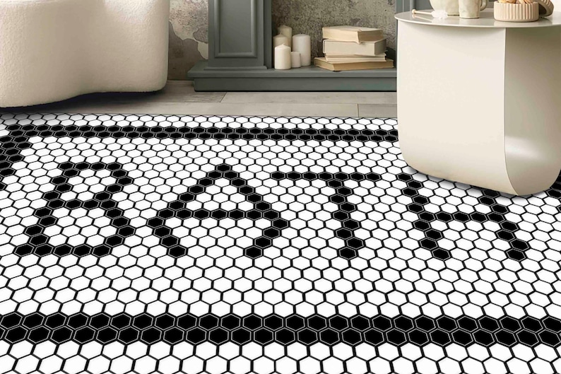 Black and White Chenille Rug: Modern Bathroom Decor image 1