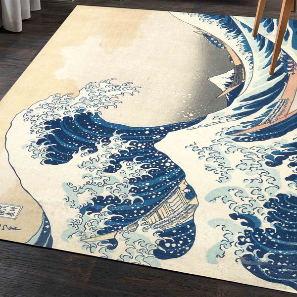 Japanese Rug, Outdoor Rug, Wall Hanging Rug, Housewarming Gift, Wave Landscape Rugs, The Great Wave Rugs, View Rug, 3D Printed Rug,