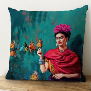 Gift For Her, Woman Pillow Case, Abstract Printed Pillow, Frida With Butterflies Cushion Cover, Famous Pillow Case, Unique Cushion Cover,