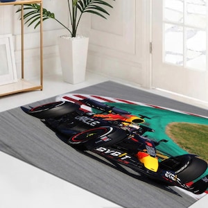 Formula 1 Race Car Rug, Red Bull Racing Mat for F1 Fans, Motorsport Decor for Boys Room, High-Speed Track Printed Floor Carpet