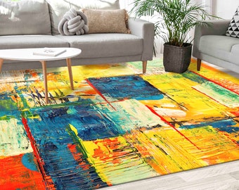 Abstract Art Rug: Yellow, Green, and Blue Modern Decor