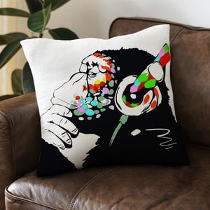 Funda de almohada con mono pensante de Banksy, funda de almohada con gorila, funda de almohada con auriculares de chimpancé, funda de almohada de Banksy, regalos personalizados