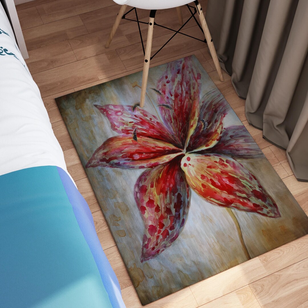 ラグ・カーペット Flower RUG illustrated flora Floral Art Area Rug, Red Lily Flower Carpet, Watercolor Style