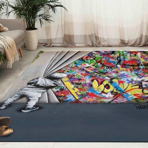 Hallway Rug, Custom Rug, Small Rug, Gift For Him, Banksy Behind the Curtain Rug, Banksy Graffiti Rugs, Street Rug, Pattern Rug,