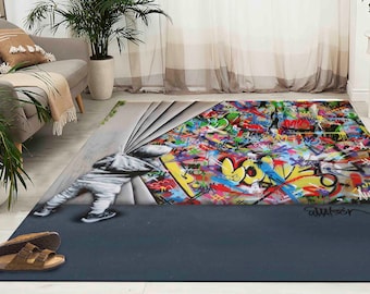 Hallway Rug, Custom Rug, Small Rug, Gift For Him, Banksy Behind the Curtain Rug, Banksy Graffiti Rugs, Street Rug, Pattern Rug,