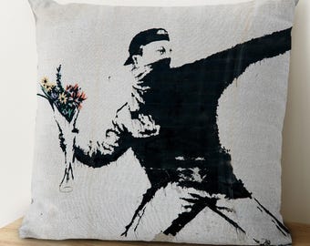 Flower Molotov Pillow Case, Banksy Molotov Pillow Case, Painting Pillow, Banksy Throwing Flowers Pillow Case, Gift For Her, Home Decor,