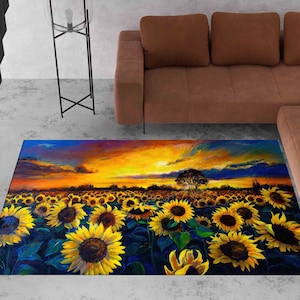 Office Decor Rug, Indoor Rug, Pattern Rug, Gift For Him, Sunflower Field Painting Rug, Sunset Landscape Rug, View Rug, Living Room Rug,