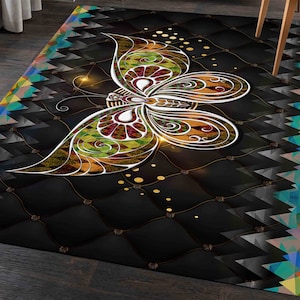Custom Rug, Chenille Rug, Front Door Rug, Housewarming Gift, Butterfly And Colored Triangles Rug, Butterfly Rugs, Animal Rug, Black Rug,