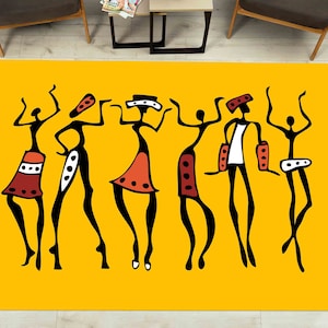Salon Rug, Luxury Rug, Bath Rug, Non-Slip Carpet, African Dancers Rug, African People Dancing Rugs, Ethnic Rugs, Salon Decor Rug, Yellow Rug