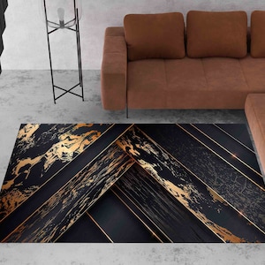 Black Gold Abstract Rugs, Gold Rug, Black Rug, Modern Rug, Office Decor Rug, Decorative Rug, Corridor Rug, Runner Rug, Gift Rug,