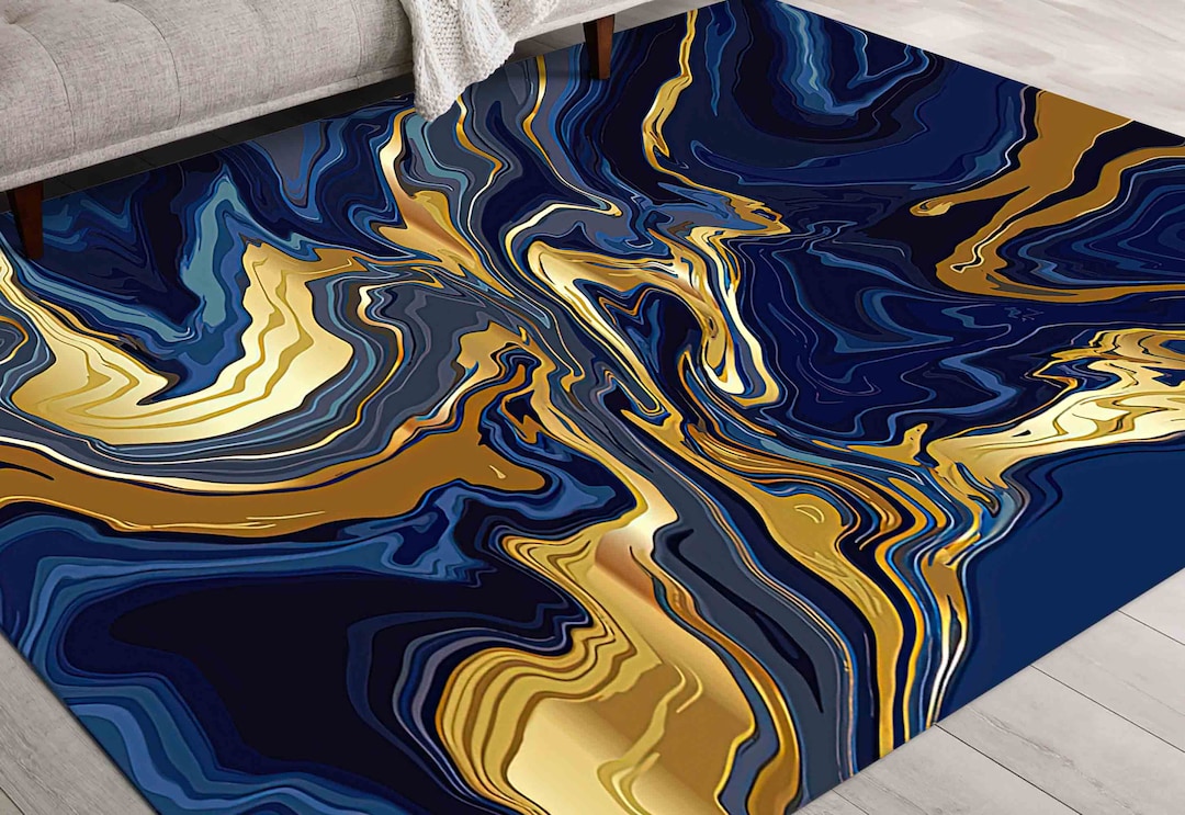 Navy Blue Rug, Navy Blue Marble Rug, Gold Marble Rug, Gold Decor Rug