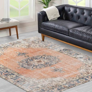 Orange and Navy Blue Rugs, Floral Rugs, Medallion Rugs, Oushak Rug, Turkish Rug, Bathroom Rug, Muted Rug, Antique Style Rug, Soft Rug,