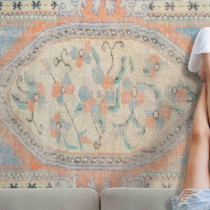 Floral Pattern Rug, Blue Rug, Muted Rug, Luxury Rugs, Turkish Rug, Oushak Rug, Antique Style Rug, Non-Slip Carpet, Corridor Rug, Step Rug,