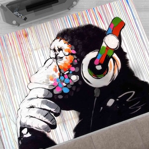 Front Door Rug, Round Rug, Stair Rug, Gift Rug, Banksy Thinking Monkey Rug, Music Lover Monkey Rugs, Banksy Rug, Bridesmaid Gift,