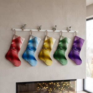 Colorful Tie Dye Xmas Socks, Merry Christmas Script Stockings, Rainbow Inspired Fireplace Decor, Ombre Custom Christmas Stocking