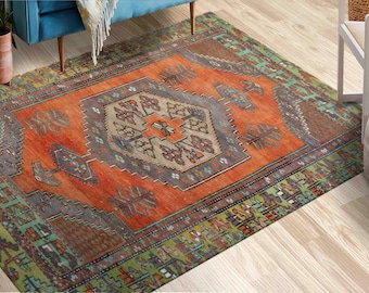 Vintage Style Area Rug: Geometric Oriental Design, Non-Slip Carpet