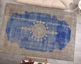 ネイビーブルーのトルコ絨毯：ヴィンテージスタイルのウシャック絨毯