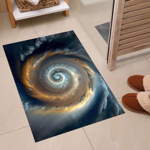 May include: Rectangular floor mat with a swirling vortex design in shades of blue, gold, and white. The rug is placed on a tiled floor, with brown slippers nearby. The design resembles a celestial or atmospheric phenomenon.