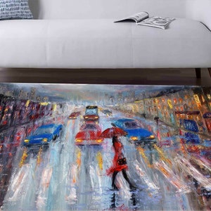 Vrouw met rode paraplu over straat tapijt, vrouwentapijt, stadslandschaptapijten, modern tapijt, cadeau voor thuis, housewarmingcadeau,
