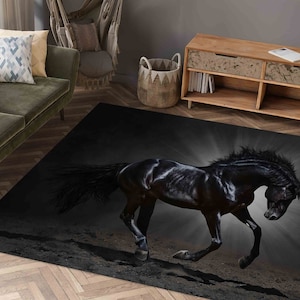 Salon Decor Rug, Soft Rug, 3D Printed Rug, Gift For Him, Black Horse Rugs, Horse Lover Gift Rugs, Animal Rugs, Anti-Slip Carpet, Car Mat,