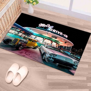 Vintage Car Diner Rug, Retro Car Area Rug, 50s Drive In Rug, American Diner Rug, Non Slip Kitchen Rug, Colorful Retro Rug