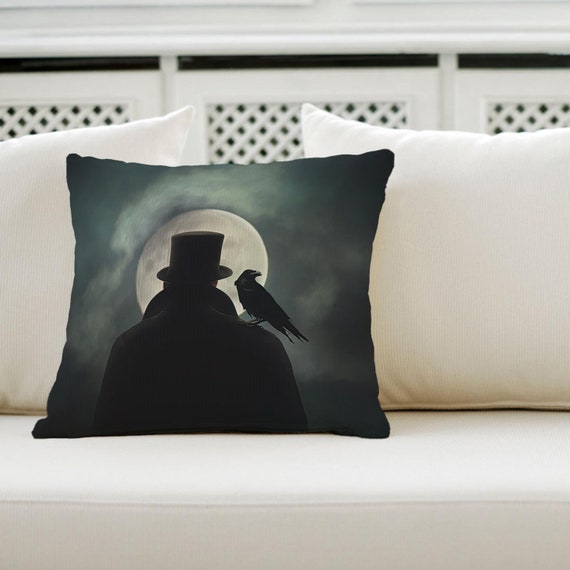 Moon Pillow Cover: Man in Hat With Raven, Modern Home Decor
