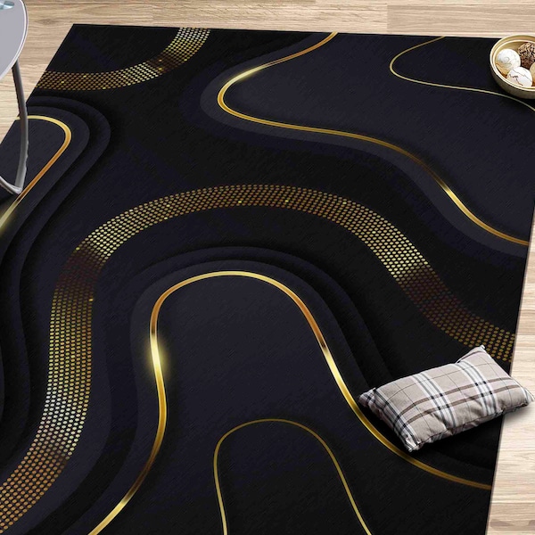 Golden Rugs, Black and Gold Rug, Abstract Rugs, Modern Rug, Bridesmaid Gift, Chenille Rug, Anti-Slip Carpet, Corridor Rug, Luxury Rug,