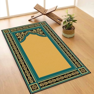 Blue Prayer Rug, Gold Prayer Rug, Worship Rug, Spiritual Rug, Islamic Rug, Religious Rug, Easy To Clean Rug, 3D Printed Rug, Gift For Him,