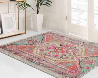 Colorful Ethnic Rug: Faded Oushak Design, Turkish Style