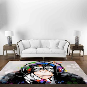 Gift Rug, Popular Rug, Chenille Rug, Gift Rug, Banksy Monkey Rugs, Music Lover Monkey Rug, Animal Rugs, Indoor Rug, Area Rug, Banksy Rug,